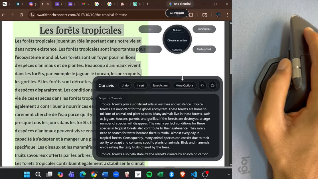Cursivis translating selected French text